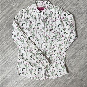 Cowgirl Hardware White and Green Cactus Print Western Shirt Size Large